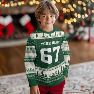 Personalized 67 Jersey Number Ugly Christmas Sweater Custom Name Varsity Sports 67th Birthday TS10 Forest Green Beige Print Your Wear