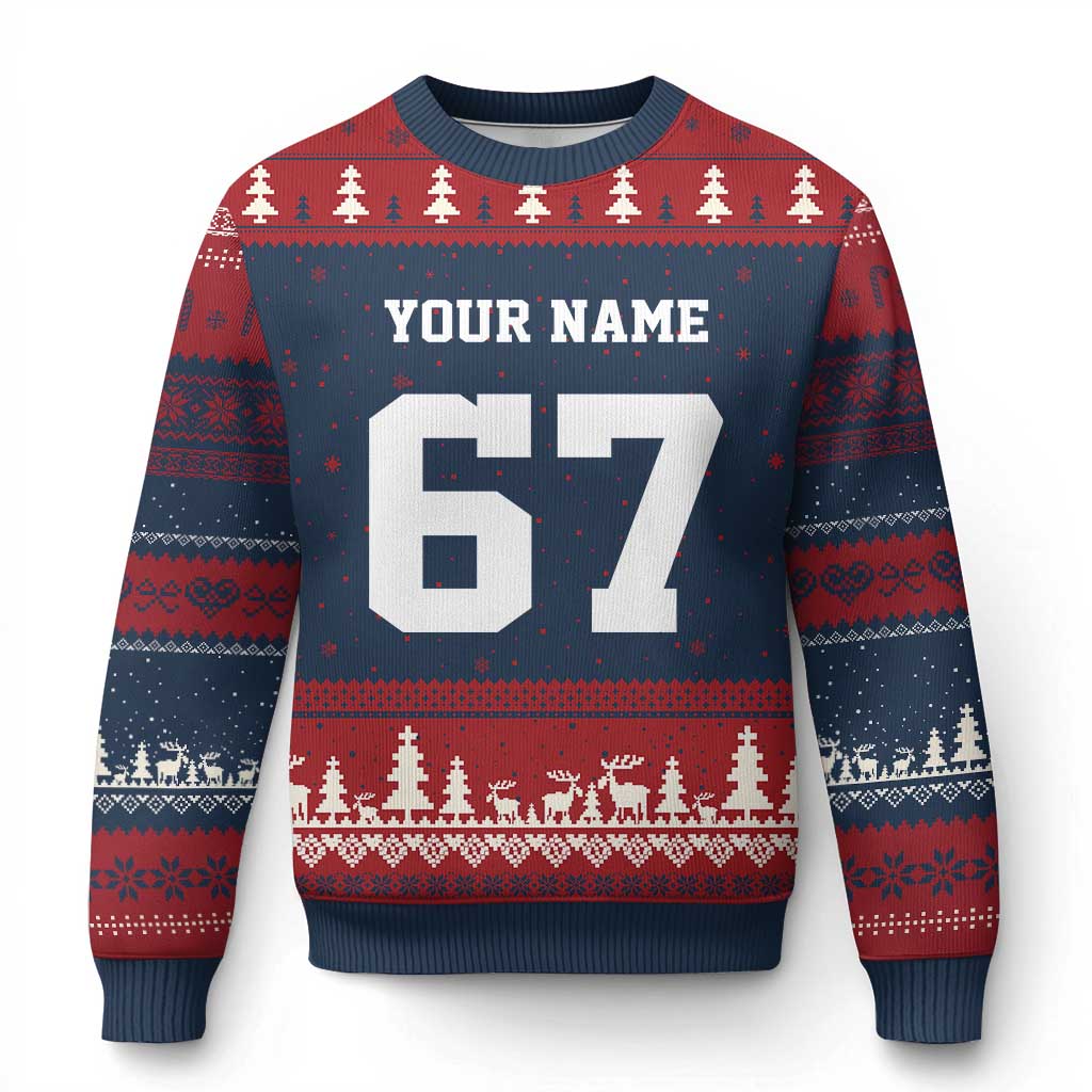 Personalized 67 Jersey Number Ugly Christmas Sweater Custom Name Varsity Sports 67th Birthday TS10 Navy Red Print Your Wear