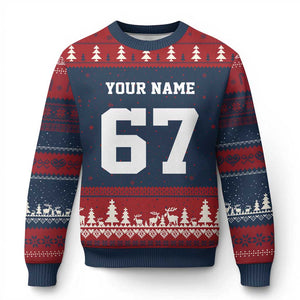 Personalized 67 Jersey Number Ugly Christmas Sweater Custom Name Varsity Sports 67th Birthday TS10 Navy Red Print Your Wear