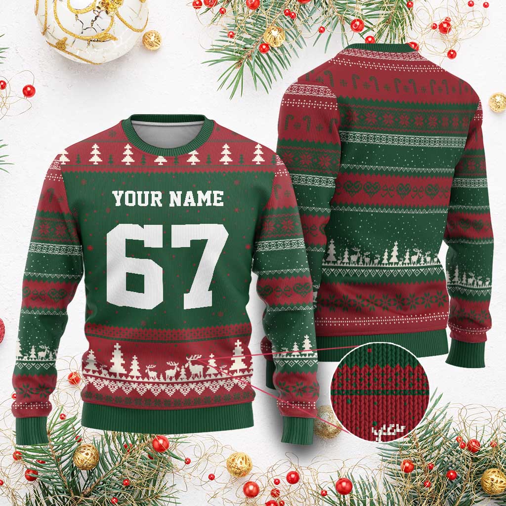 Personalized 67 Jersey Number Ugly Christmas Sweater Custom Name Varsity Sports 67th Birthday TS10 Red Green Print Your Wear