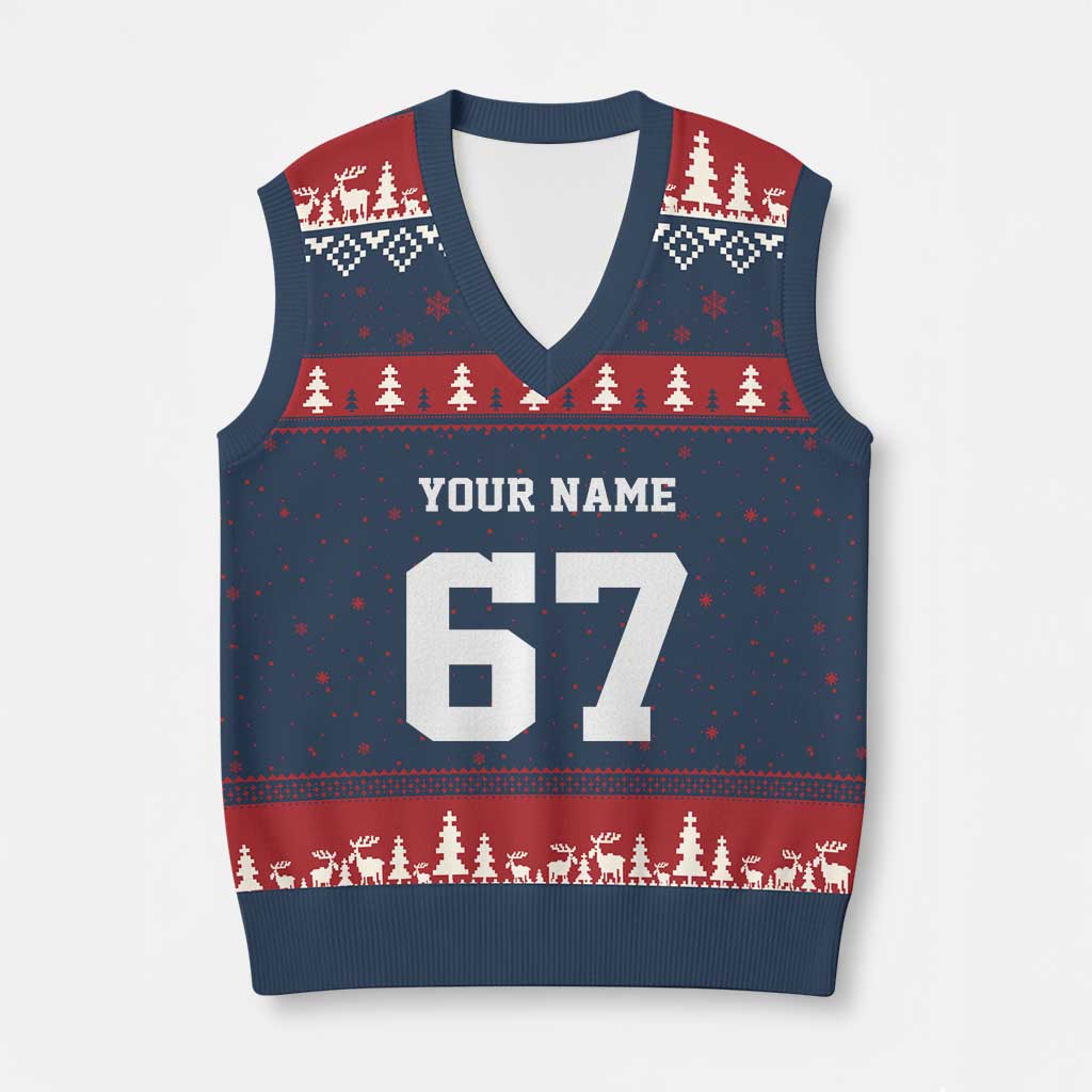 Personalized 67 Jersey Number V-Neck Knit Sweater Vest Custom Name Varsity Sports 67th Birthday TS10 Navy Red Print Your Wear