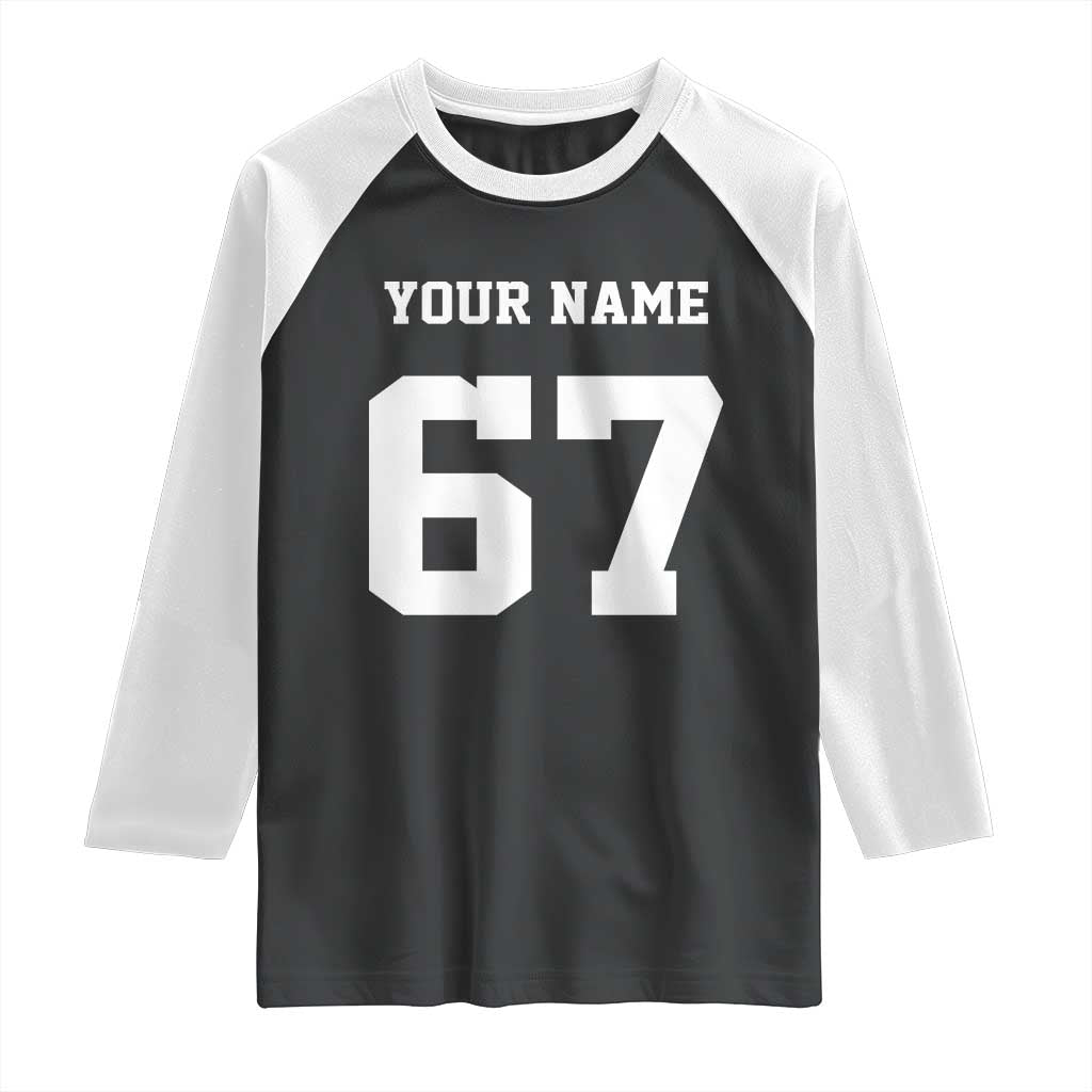 Personalized 67 Jersey Number Raglan Shirt Custom Name Varsity Sports 67th Birthday TS10 Black White Print Your Wear