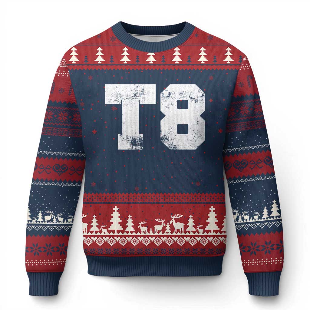 T8 Jersey Ugly Christmas Sweater Concert Inspired Outfit Varsity Sports TS10 Navy Red Print Your Wear