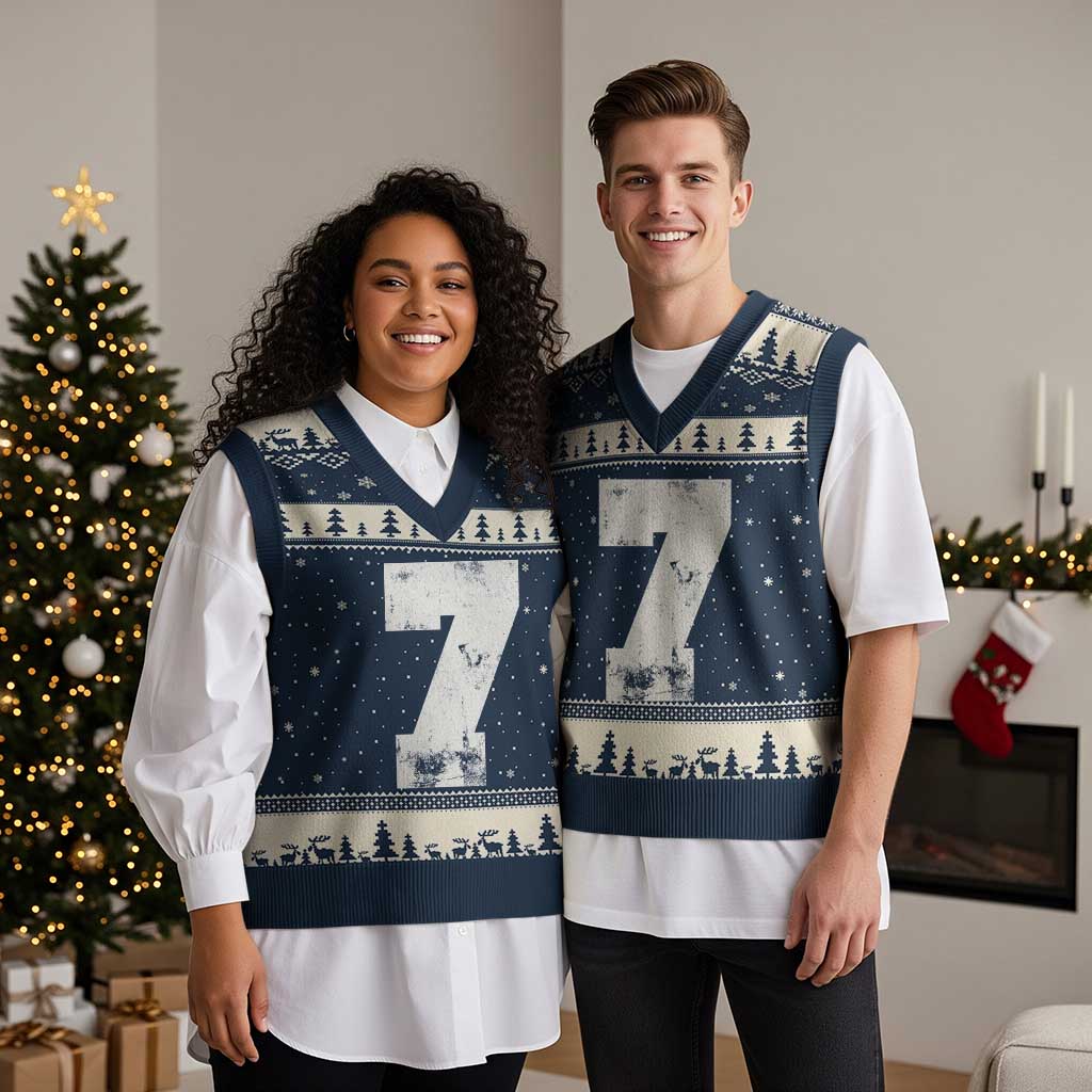 Number 7 V-Neck Knit Sweater Vest Matching 67 Meme 7th Birthday 7 Years TS10 Navy Beige Print Your Wear