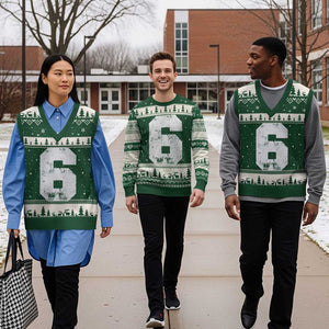 Number 6 V-Neck Knit Sweater Vest Matching 67 Meme 6th Birthday 6 Years TS10 Forest Green Beige Print Your Wear