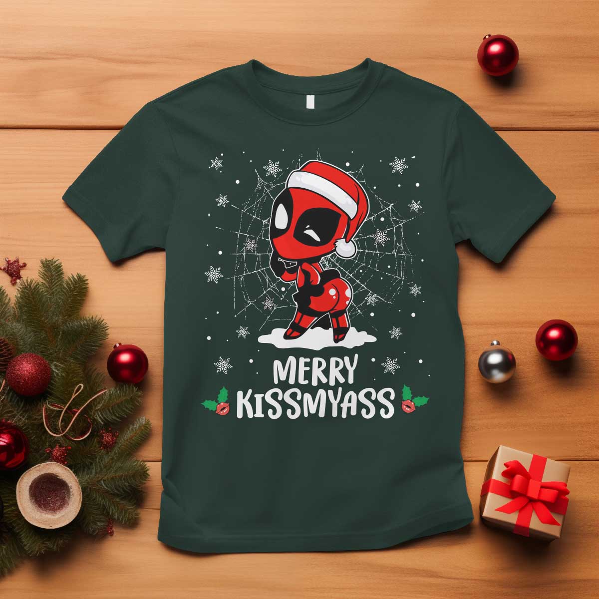 Funny Christmas T Shirt Merry Kissmyass Cute Spider-Women Santa Sarcastic Xmas TS10 Dark Forest Green Print Your Wear