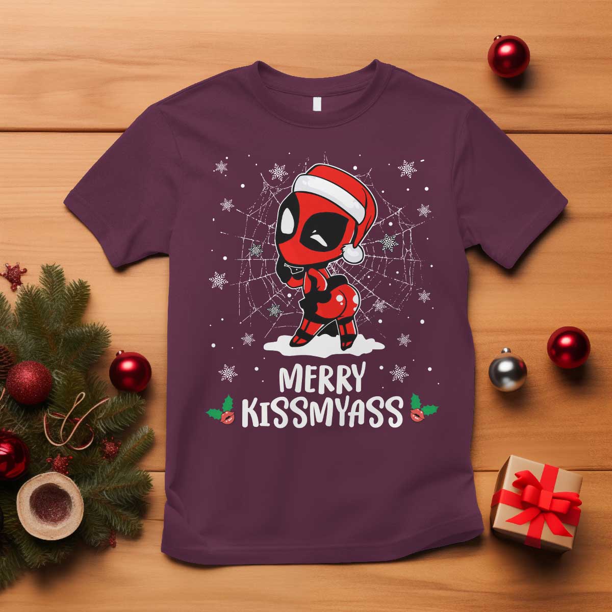 Funny Christmas T Shirt Merry Kissmyass Cute Spider-Women Santa Sarcastic Xmas TS10 Maroon Print Your Wear