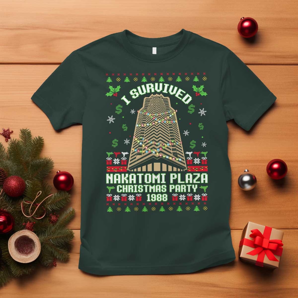 Nakatomi Plaza Christmas Party 1988 T Shirt Xmas Jumper Funny 80's Die Movie Bruce TS10 Dark Forest Green Print Your Wear