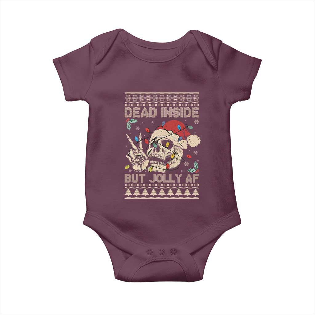 Funny Ugly Christmas Baby Onesie Dead Inside But Jolly AF Festive Sarcastic Snarky Skeleton Skull TS10 Maroon Print Your Wear