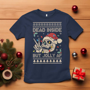 Funny Ugly Christmas T Shirt Dead Inside But Jolly AF Festive Sarcastic Snarky Skeleton Skull TS10 Navy Print Your Wear