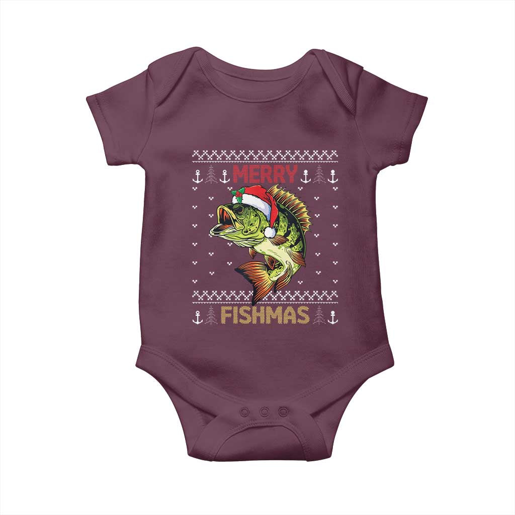 Fishing Christmas Baby Onesie Merry Fishmas Bass Fish Ugly Sweater TS10 Maroon Print Your Wear