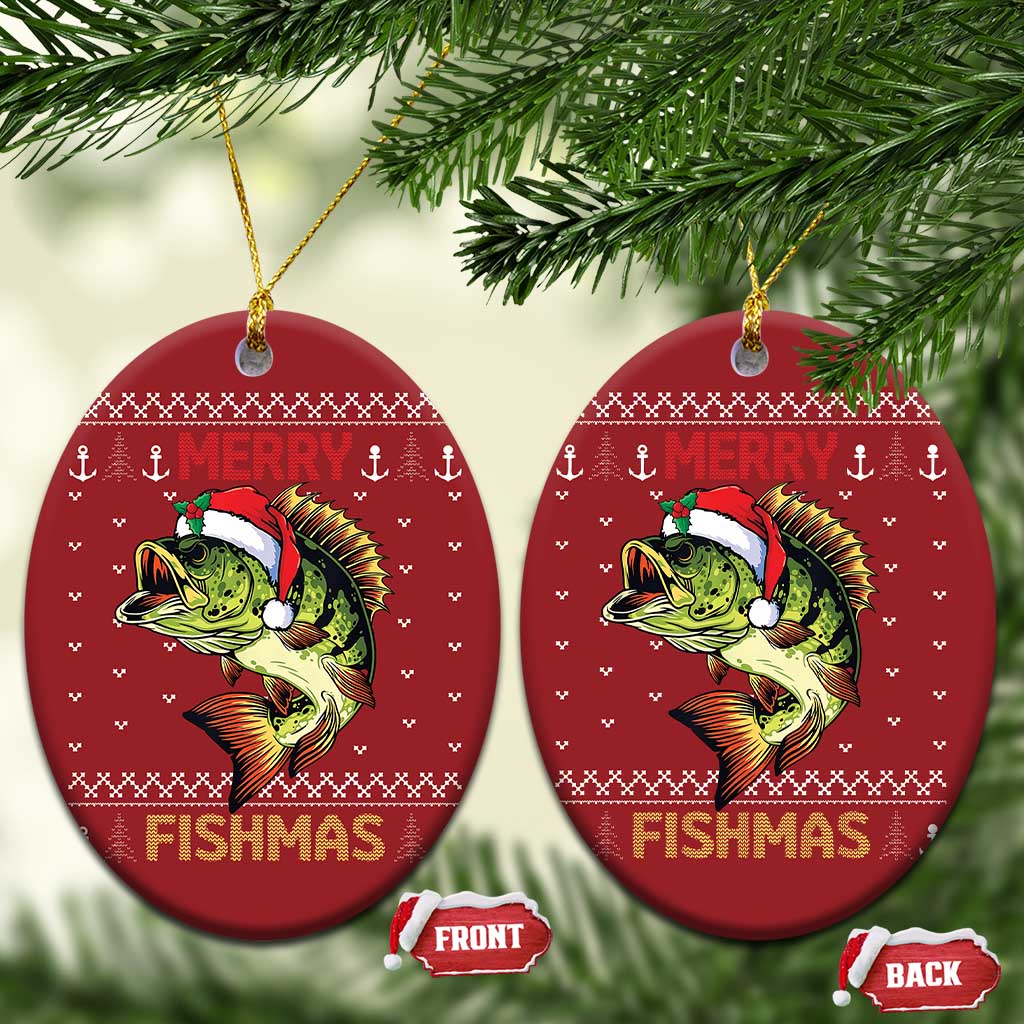 Fishing Christmas Ornament Merry Fishmas Bass Fish Ugly Sweater TS10 Oval Red Print Your Wear