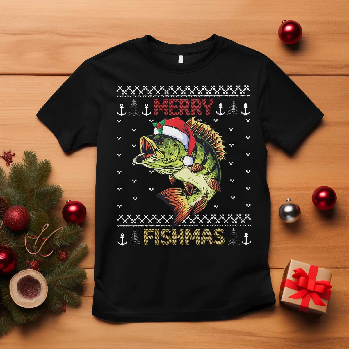 Fishing Christmas T Shirt Merry Fishmas Bass Fish Ugly Sweater TS10 Black Print Your Wear