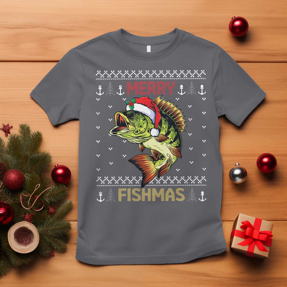 Fishing Christmas T Shirt Merry Fishmas Bass Fish Ugly Sweater TS10 Charcoal Print Your Wear