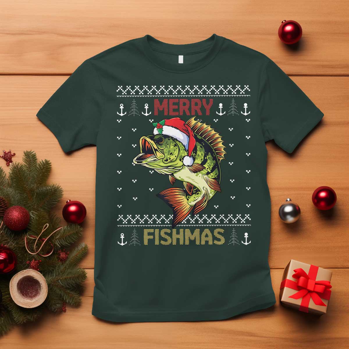 Fishing Christmas T Shirt Merry Fishmas Bass Fish Ugly Sweater TS10 Dark Forest Green Print Your Wear