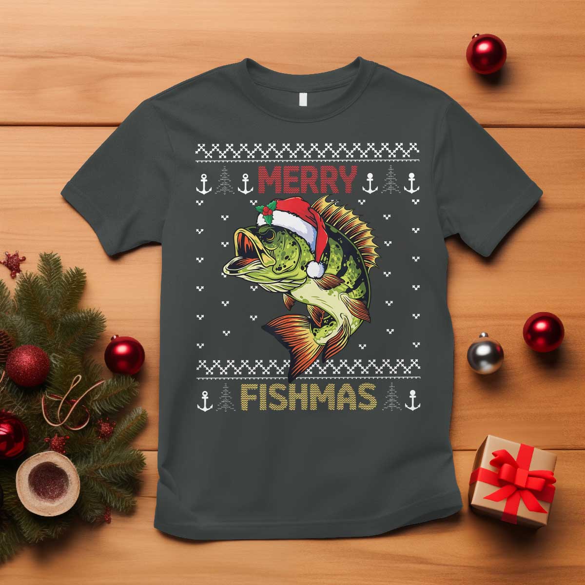 Fishing Christmas T Shirt Merry Fishmas Bass Fish Ugly Sweater TS10 Dark Heather Print Your Wear