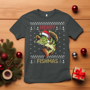 Fishing Christmas T Shirt Merry Fishmas Bass Fish Ugly Sweater TS10 Dark Heather Print Your Wear