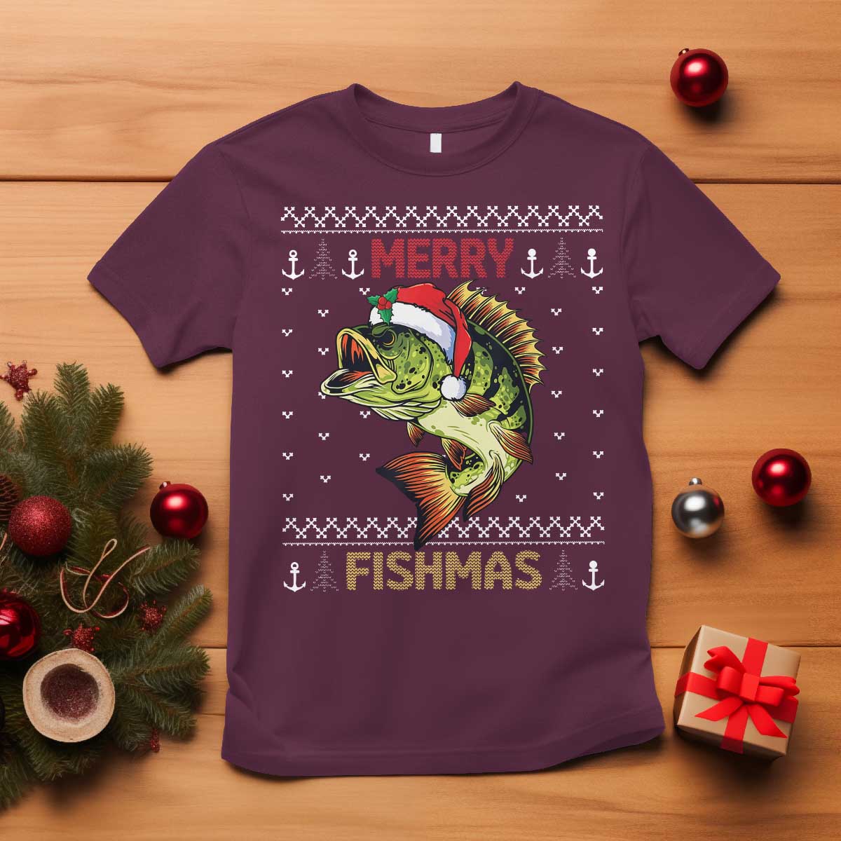 Fishing Christmas T Shirt Merry Fishmas Bass Fish Ugly Sweater TS10 Maroon Print Your Wear