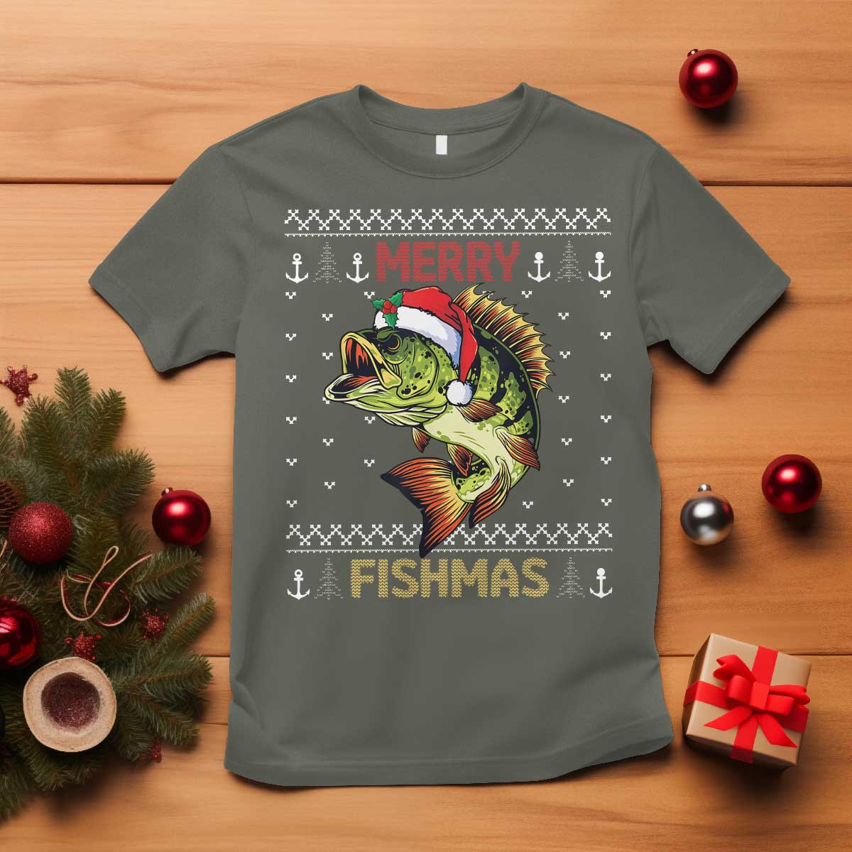 Fishing Christmas T Shirt Merry Fishmas Bass Fish Ugly Sweater TS10 Military Green Print Your Wear