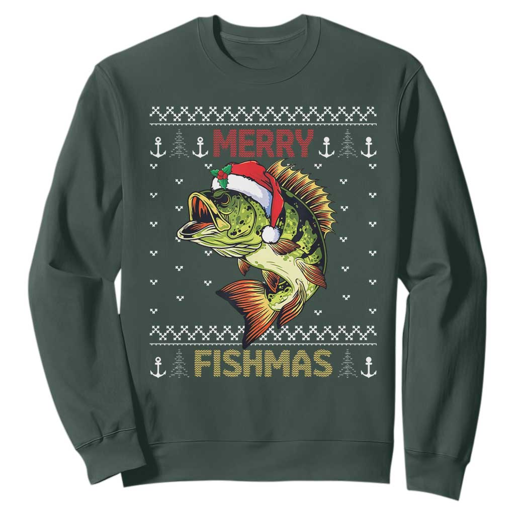 Fishing Christmas Sweatshirt Merry Fishmas Bass Fish Ugly Sweater TS10 Dark Forest Green Print Your Wear