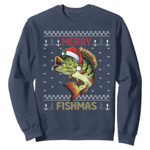 Fishing Christmas Sweatshirt Merry Fishmas Bass Fish Ugly Sweater TS10 Navy Print Your Wear