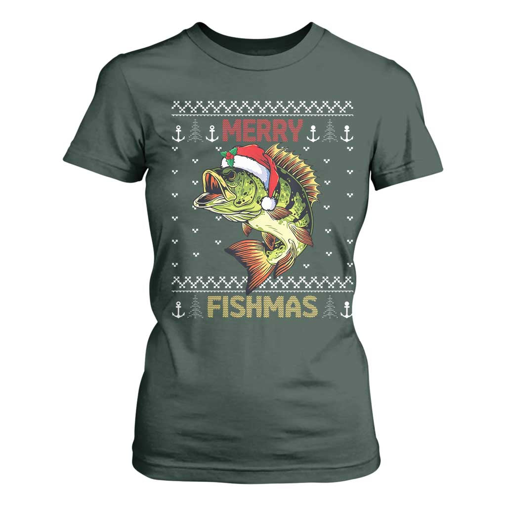 Fishing Christmas T Shirt For Women Merry Fishmas Bass Fish Ugly Sweater TS10 Dark Forest Green Print Your Wear