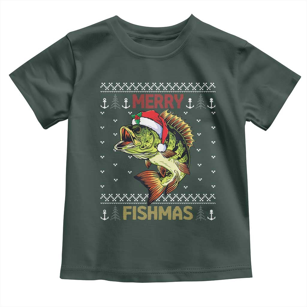 Fishing Christmas Toddler T Shirt Merry Fishmas Bass Fish Ugly Sweater TS10 Dark Forest Green Print Your Wear