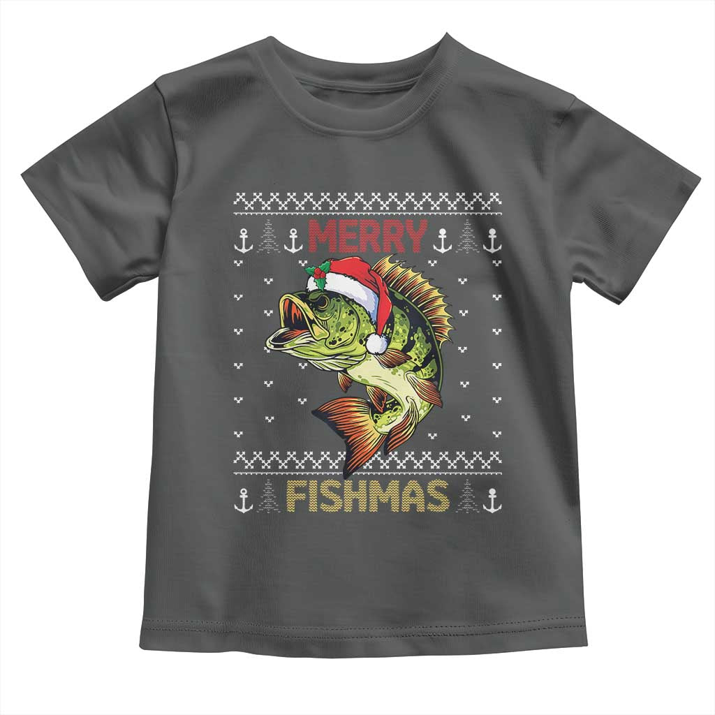 Fishing Christmas Toddler T Shirt Merry Fishmas Bass Fish Ugly Sweater TS10 Dark Heather Print Your Wear