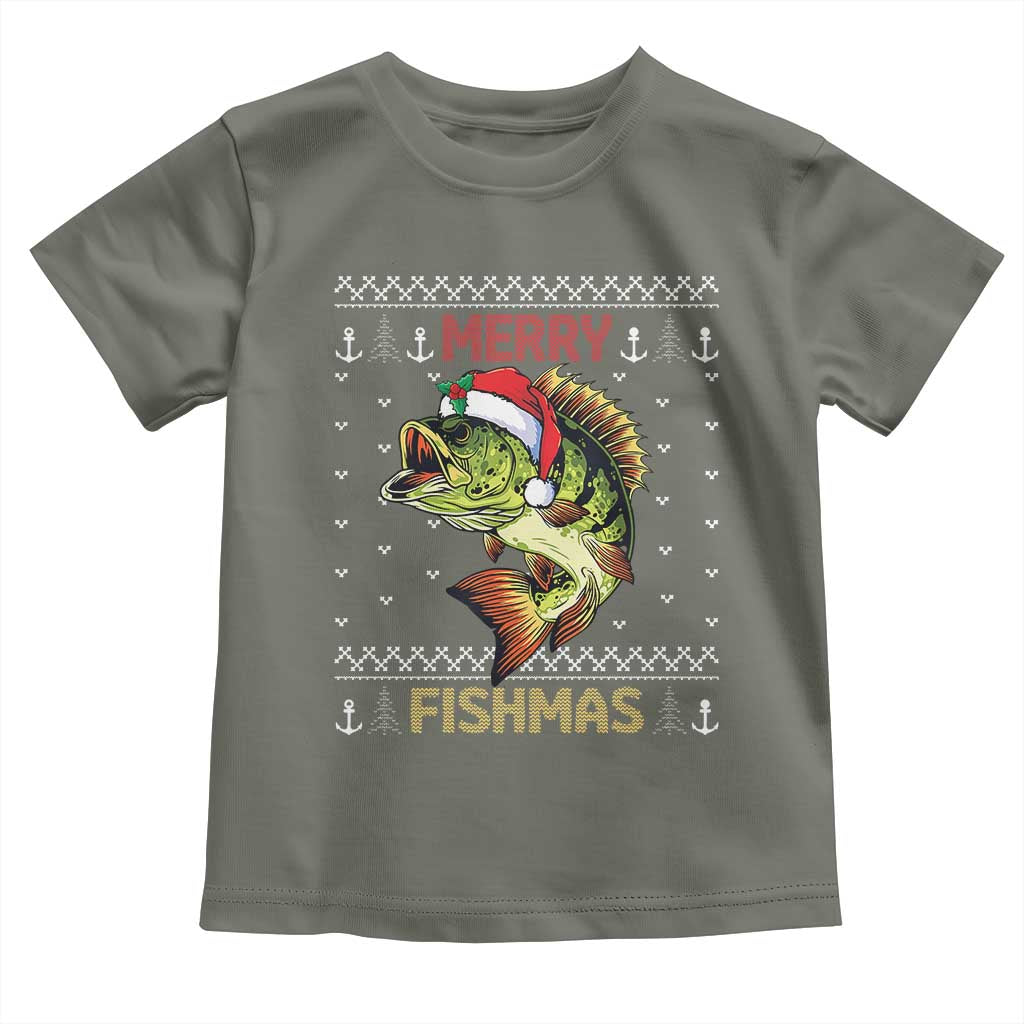 Fishing Christmas Toddler T Shirt Merry Fishmas Bass Fish Ugly Sweater TS10 Military Green Print Your Wear