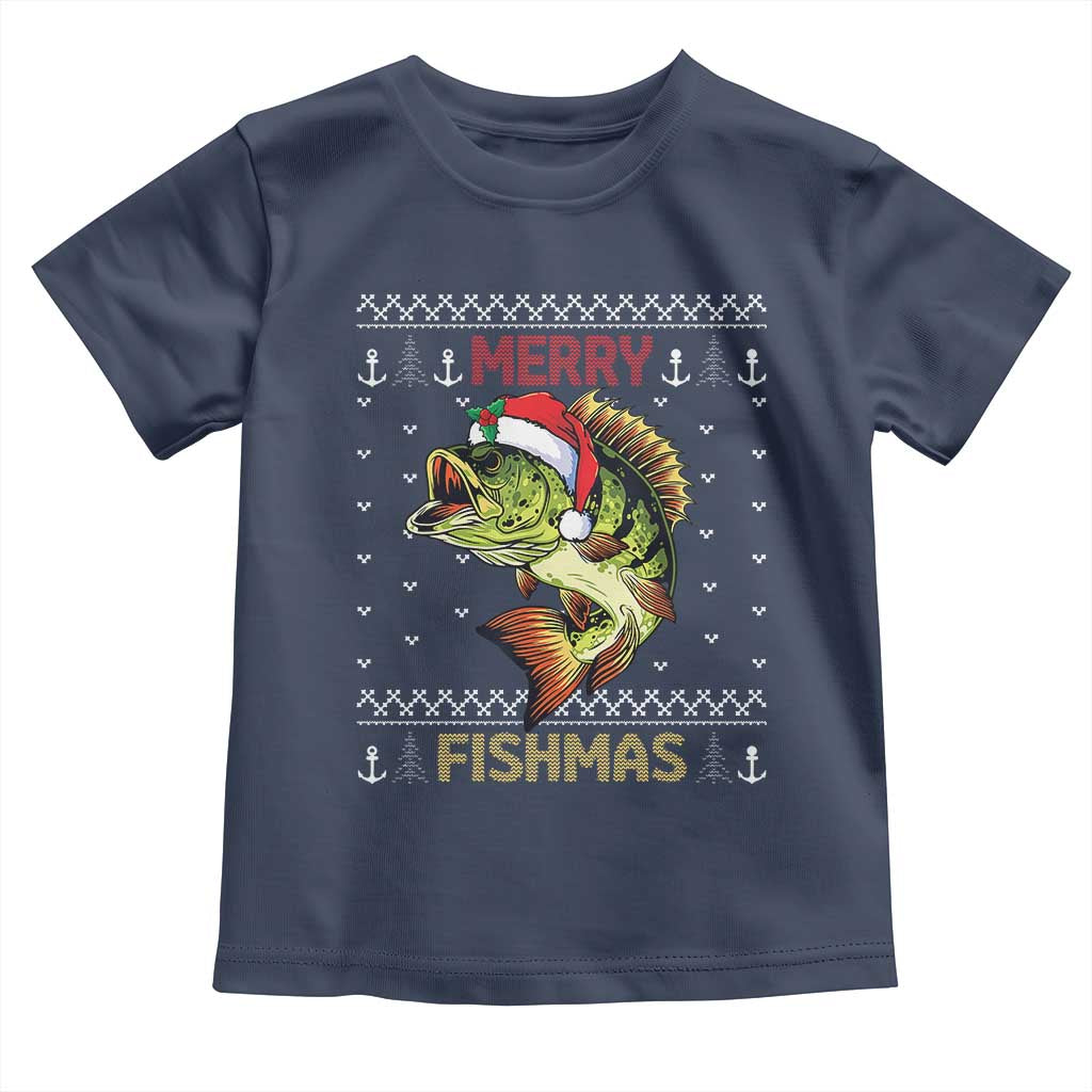 Fishing Christmas Toddler T Shirt Merry Fishmas Bass Fish Ugly Sweater TS10 Navy Print Your Wear