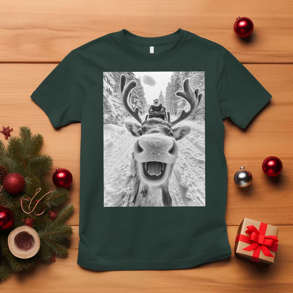 Funny Reindeer Selfie Christmas T Shirt TS10 Dark Forest Green Print Your Wear