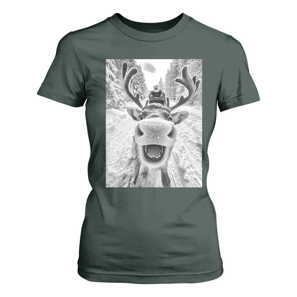 Funny Reindeer Selfie Christmas T Shirt For Women TS10 Dark Forest Green Print Your Wear