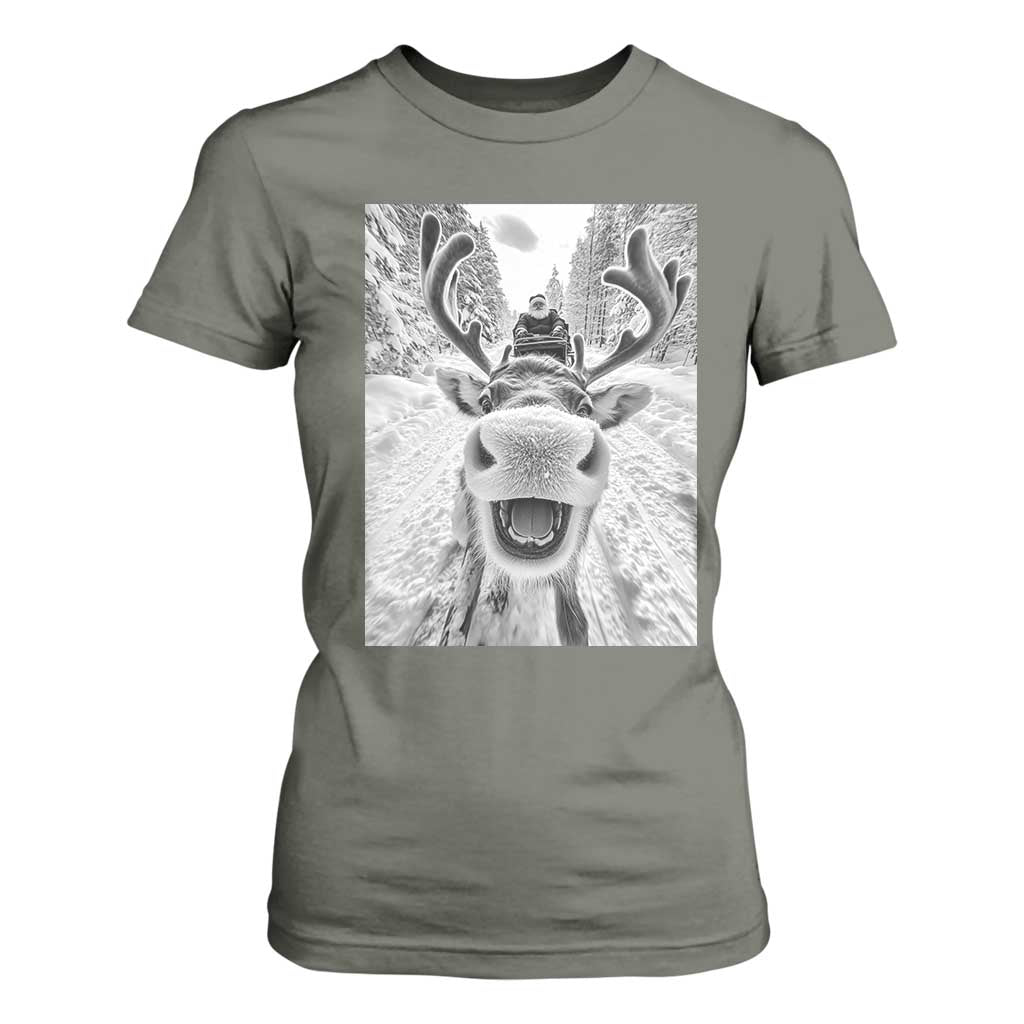 Funny Reindeer Selfie Christmas T Shirt For Women TS10 Military Green Print Your Wear