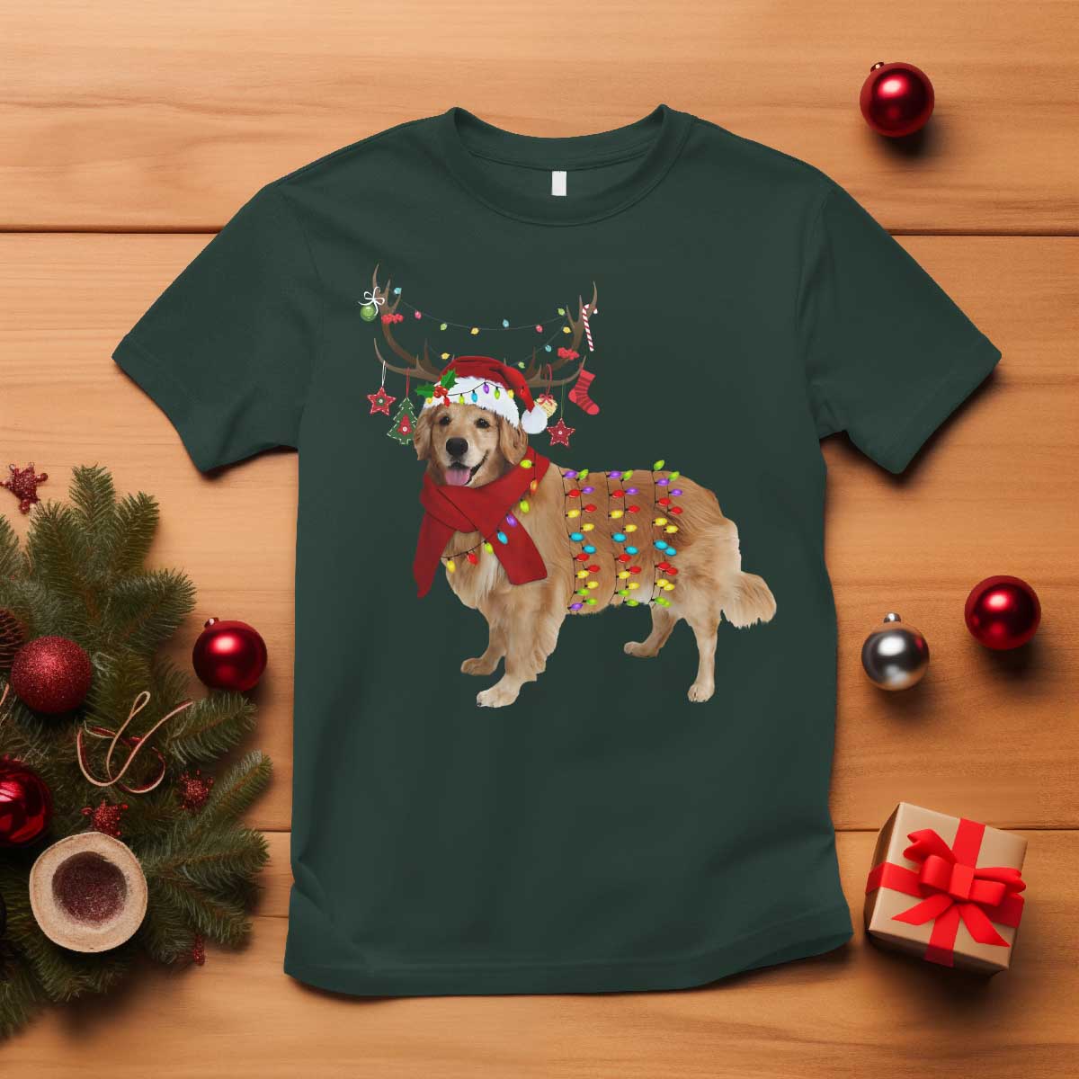 Golden Retriever Christmas T Shirt Gift for Dog Lover Happy New Year Xmas Lights TS10 Dark Forest Green Print Your Wear