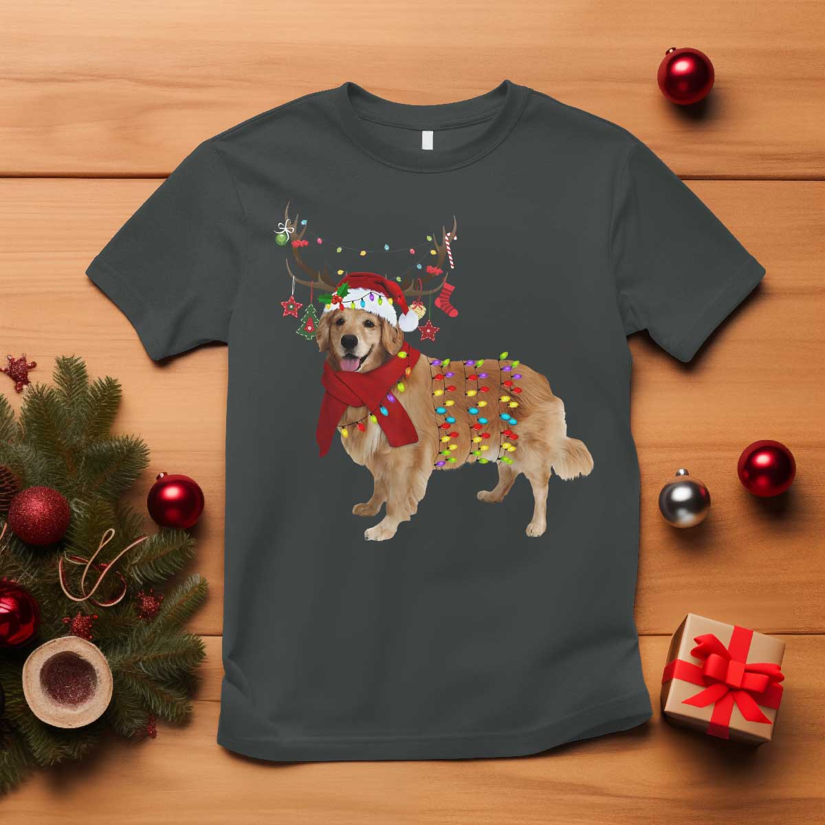 Golden Retriever Christmas T Shirt Gift for Dog Lover Happy New Year Xmas Lights TS10 Dark Heather Print Your Wear