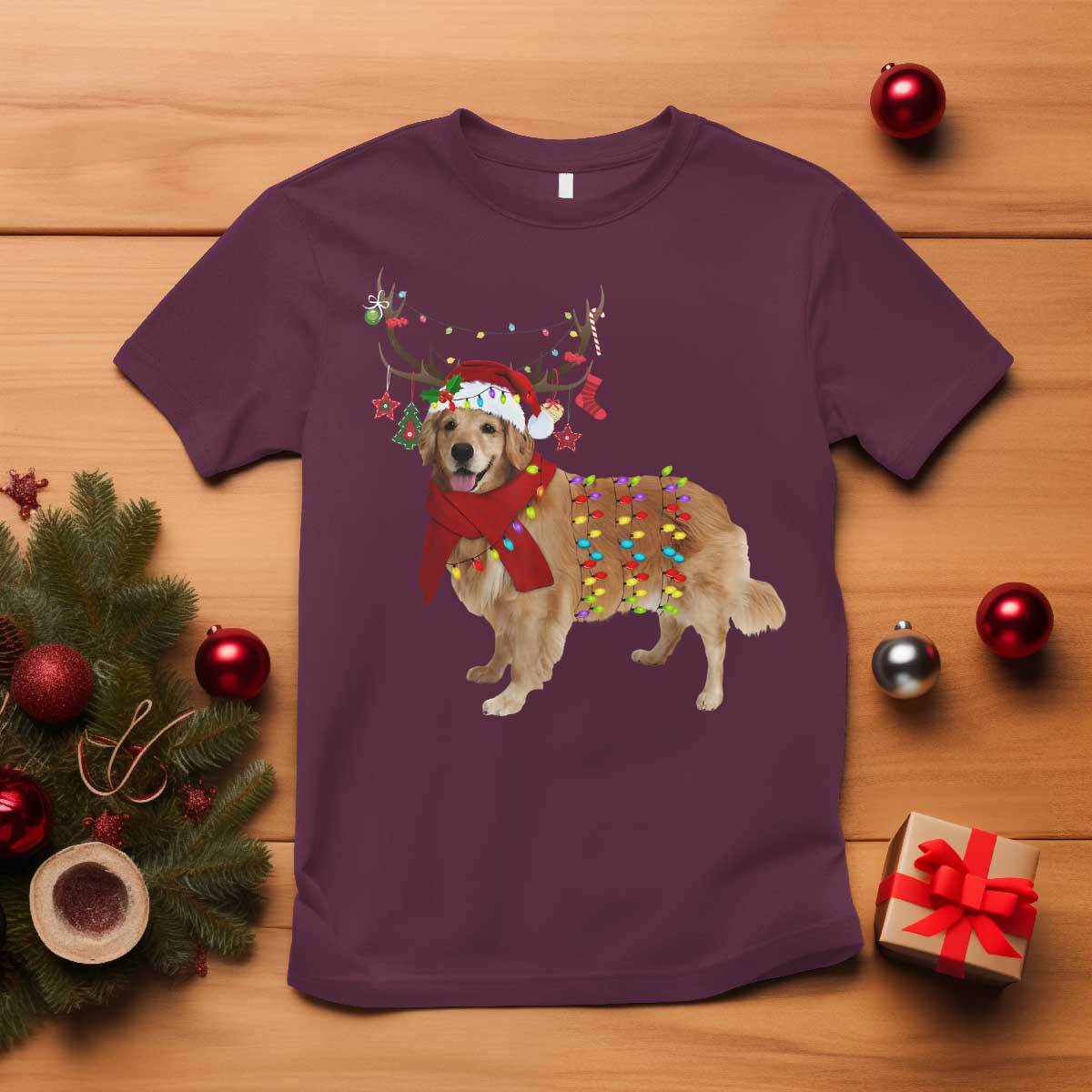Golden Retriever Christmas T Shirt Gift for Dog Lover Happy New Year Xmas Lights TS10 Maroon Print Your Wear