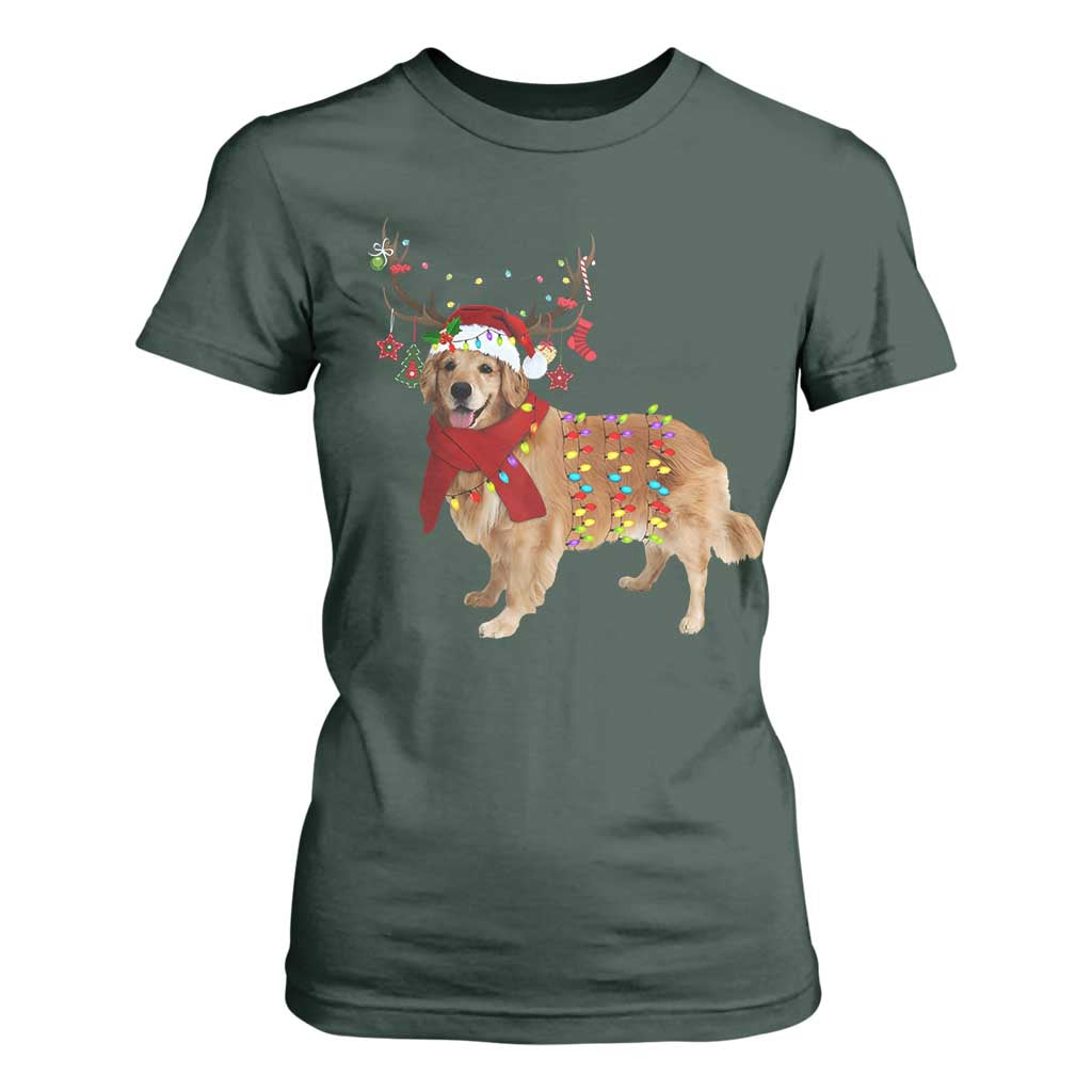 Golden Retriever Christmas T Shirt For Women Gift for Dog Lover Happy New Year Xmas Lights TS10 Dark Forest Green Print Your Wear