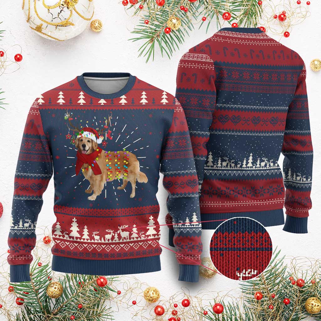 Golden Retriever Ugly Christmas Sweater Gift for Dog Lover Happy New Year Xmas Lights TS10 Burgundy Print Your Wear