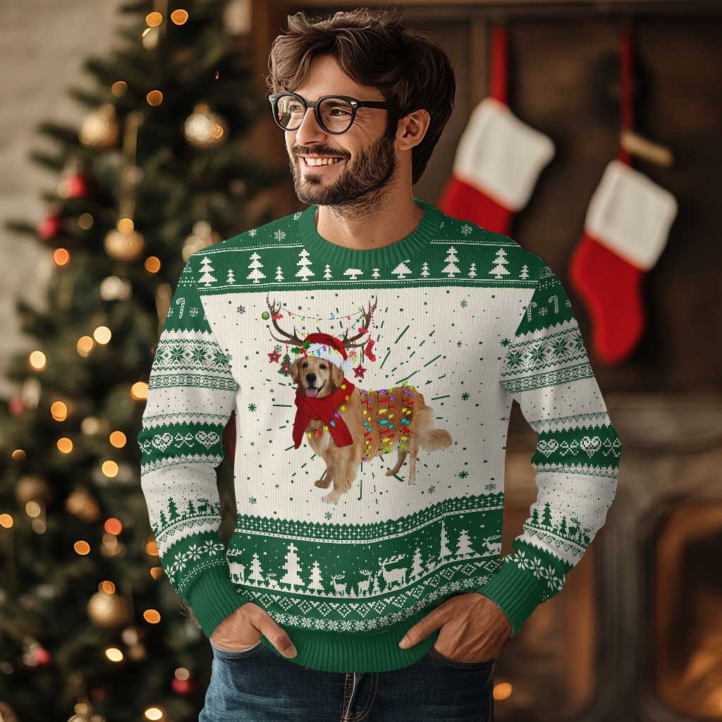 Golden Retriever Ugly Christmas Sweater Gift for Dog Lover Happy New Year Xmas Lights TS10 Green Print Your Wear