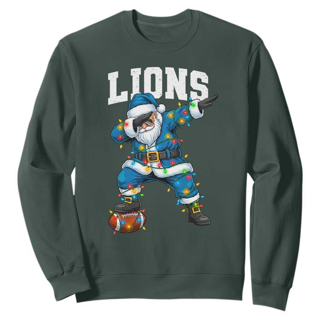 Lions Christmas Sweatshirt Funny Dabbing Santa Football Lovers Game Day TS10 Dark Forest Green Print Your Wear