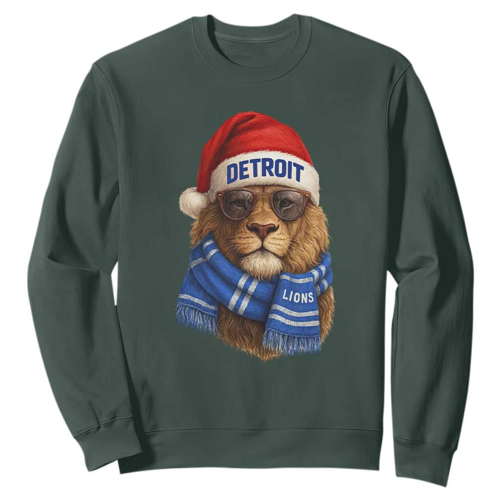 Vintage Detroit Christmas Sweatshirt Lions Mascot Game Day Santa Hat Football Lovers TS10 Dark Forest Green Print Your Wear