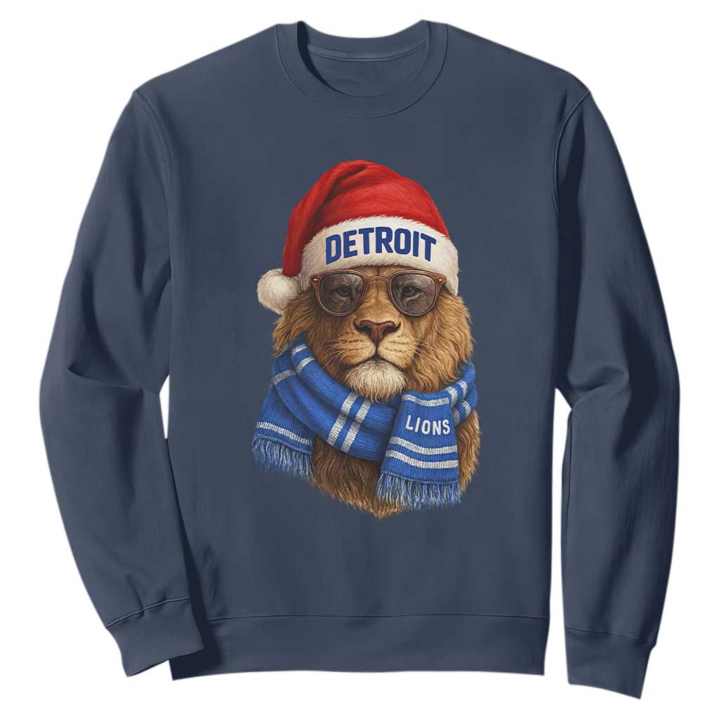 Vintage Detroit Christmas Sweatshirt Lions Mascot Game Day Santa Hat Football Lovers TS10 Navy Print Your Wear