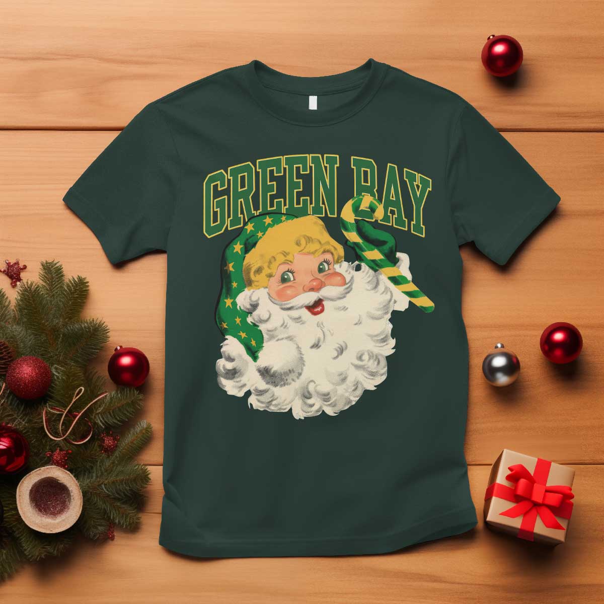 Christmas GB Fan T Shirt Vintage Varsity Retro Santa Claus Face Game Day TS10 Dark Forest Green Print Your Wear