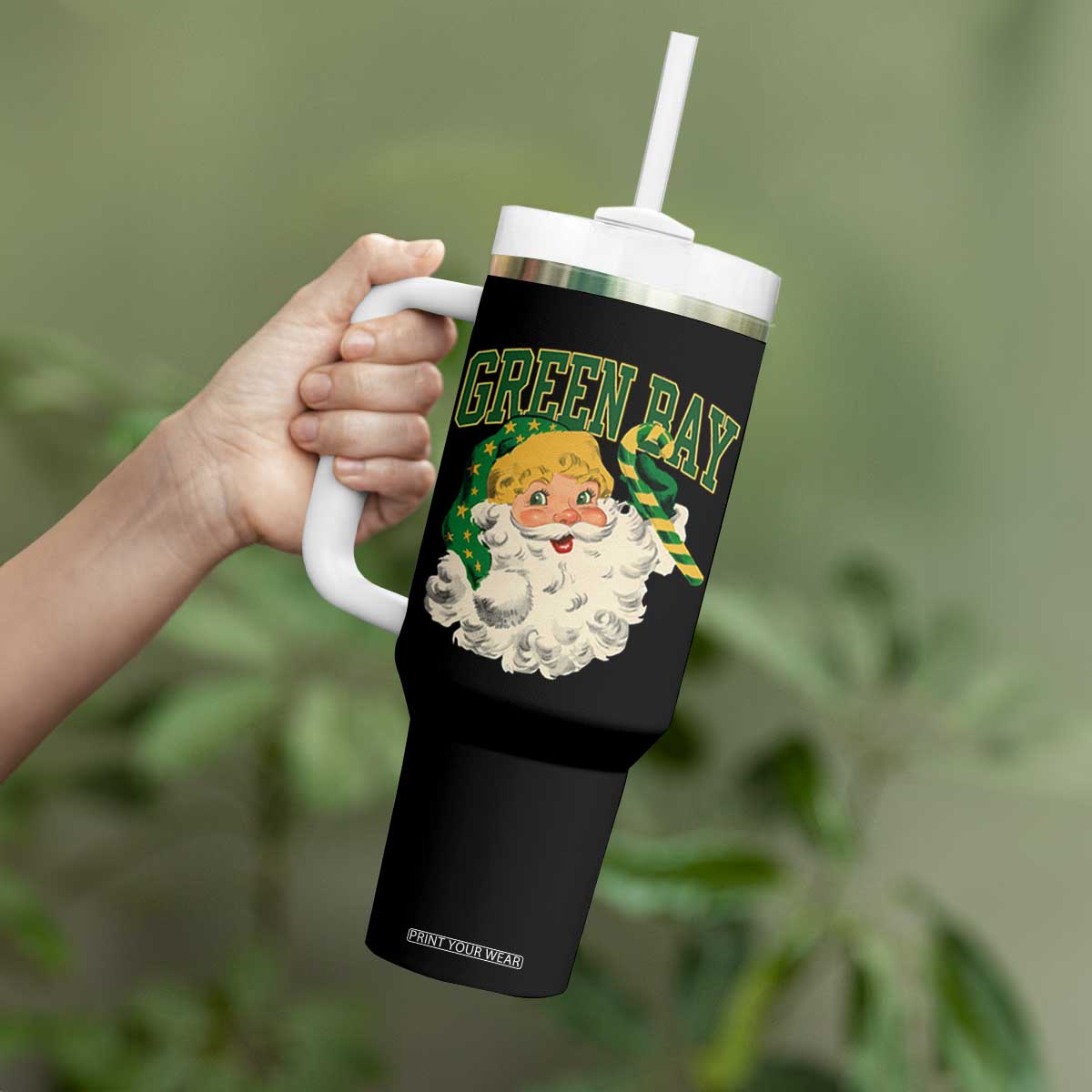 Christmas GB Fan Tumbler With Handle Vintage Varsity Retro Santa Claus Face Game Day TS10 Print Your Wear