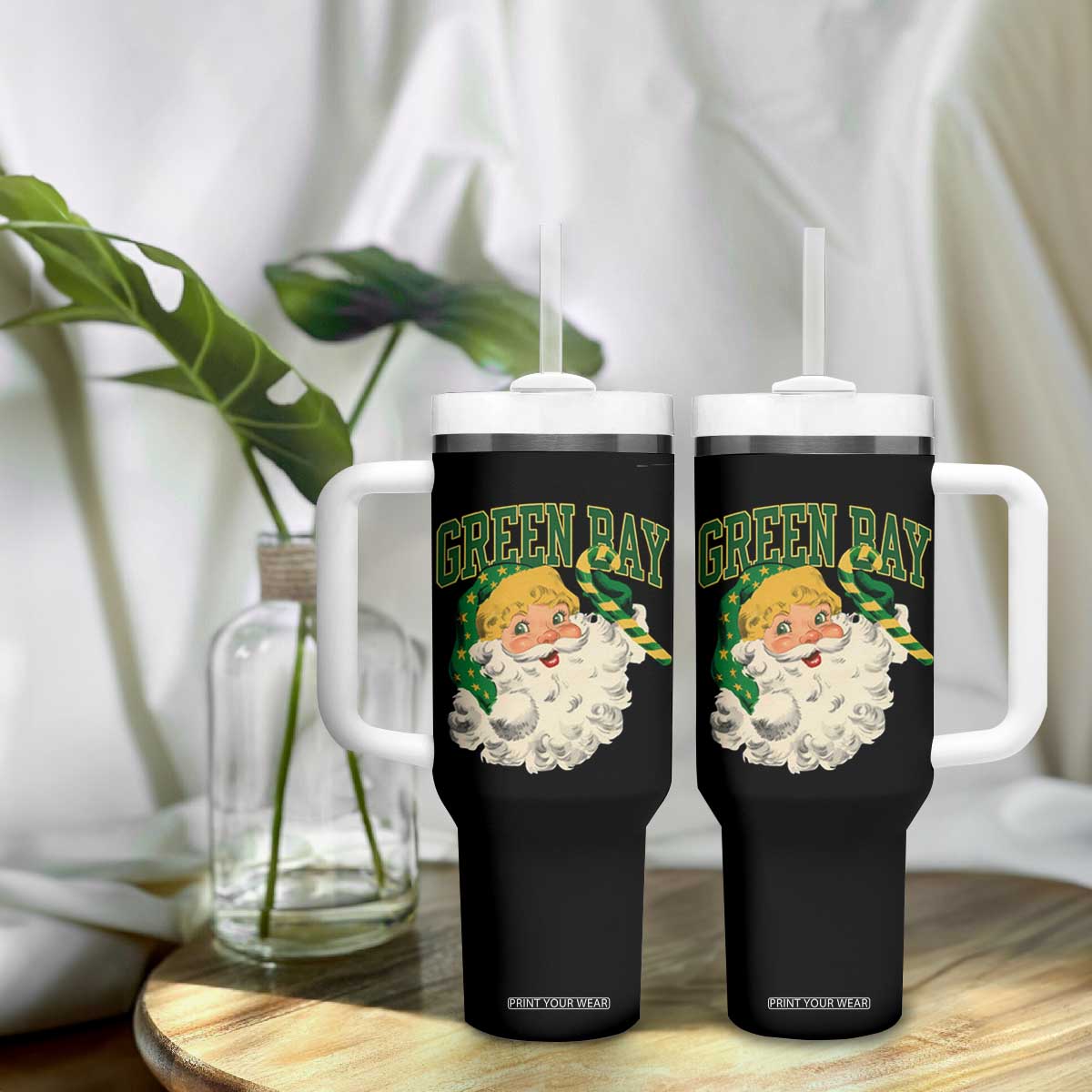 Christmas GB Fan Tumbler With Handle Vintage Varsity Retro Santa Claus Face Game Day TS10 Print Your Wear