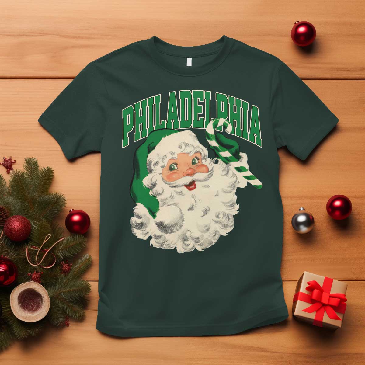 Christmas PFE T Shirt Vintage Varsity Retro Santa Face Game Day TS10 Dark Forest Green Print Your Wear