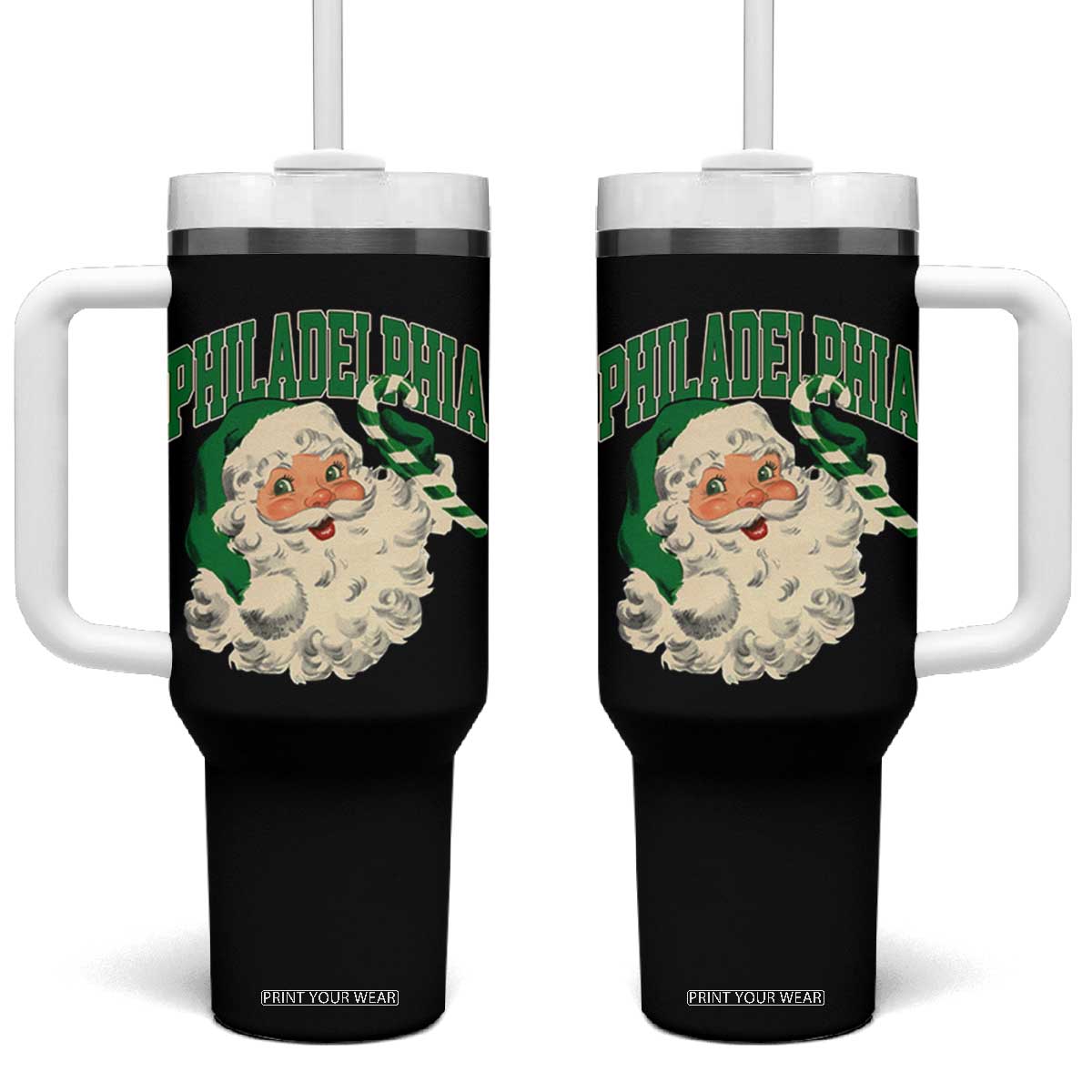 Christmas PFE Tumbler With Handle Vintage Varsity Retro Santa Face Game Day TS10 One Size: 40 oz Black Print Your Wear