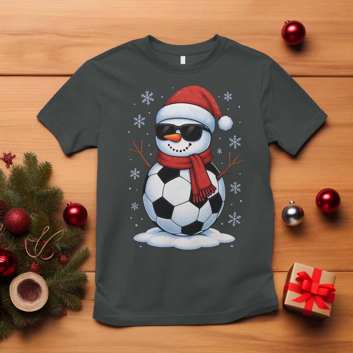 Christmas Soccer Snowman T Shirt Snowflakes Holiday Sports Xmas Pajamas Red Santa Hat TS10 Dark Heather Print Your Wear