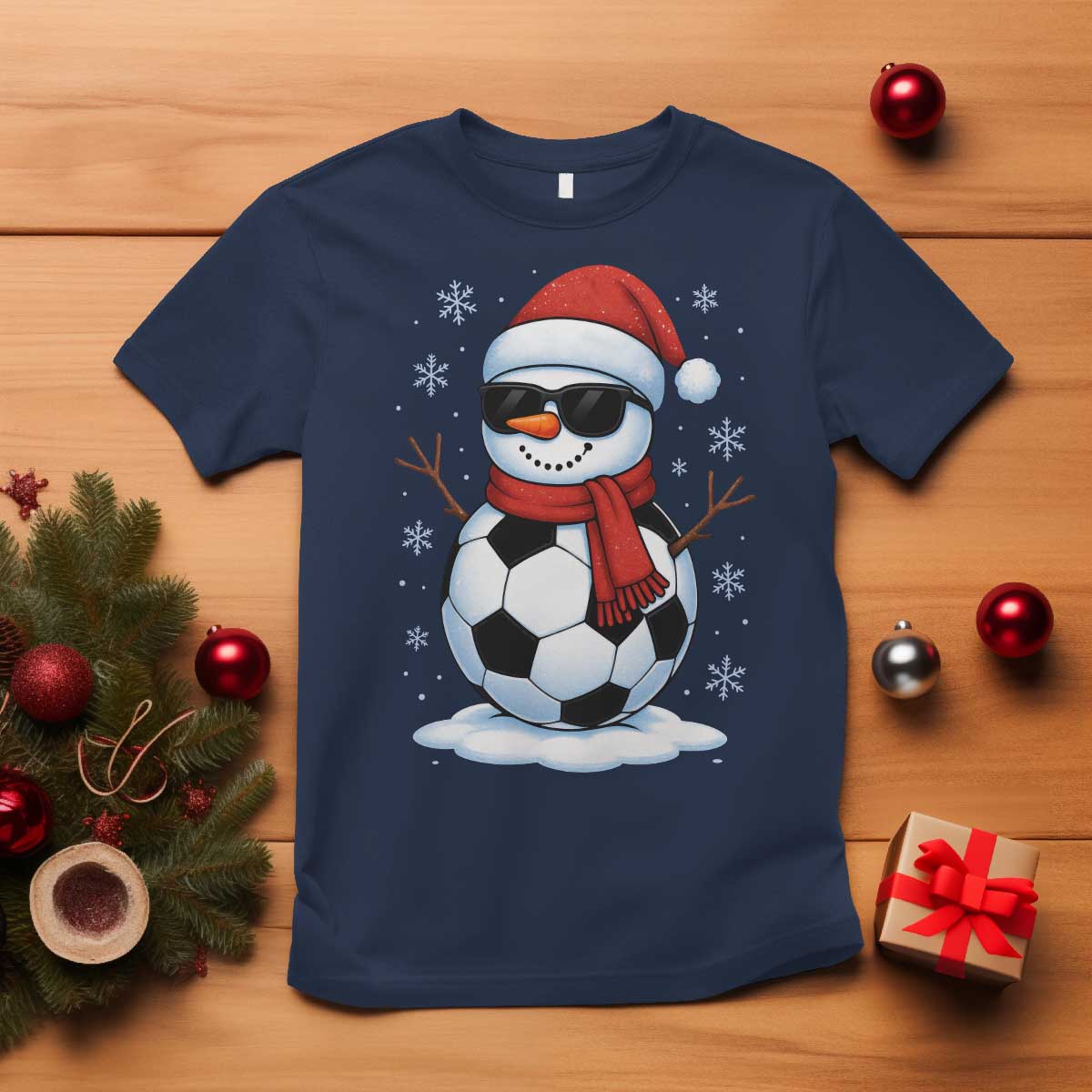 Christmas Soccer Snowman T Shirt Snowflakes Holiday Sports Xmas Pajamas Red Santa Hat TS10 Navy Print Your Wear