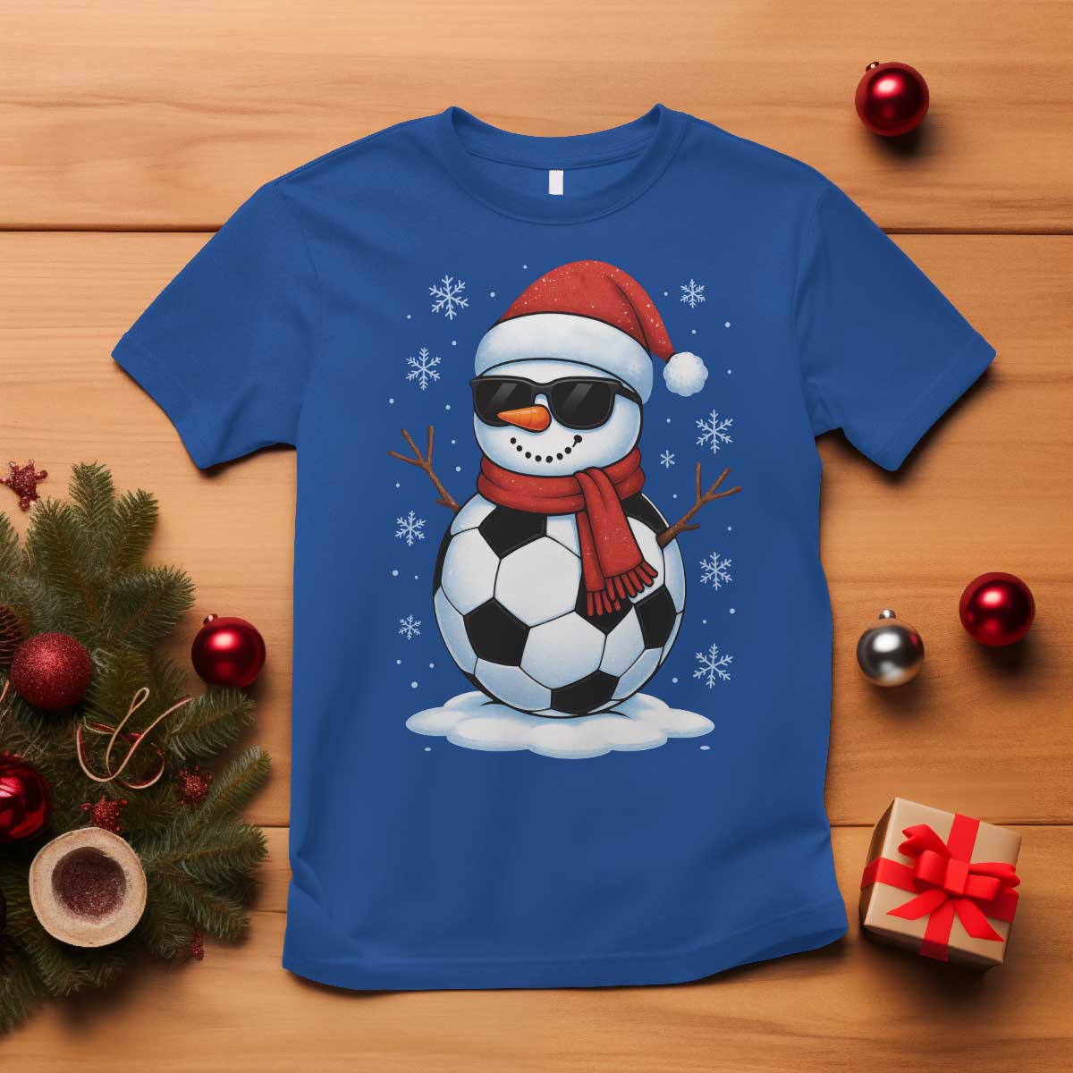 Christmas Soccer Snowman T Shirt Snowflakes Holiday Sports Xmas Pajamas Red Santa Hat TS10 Royal Blue Print Your Wear